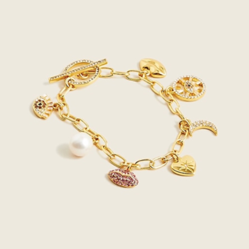 J. Crew Pavé Crystal Mixed Charm Gold Link Bracelet
